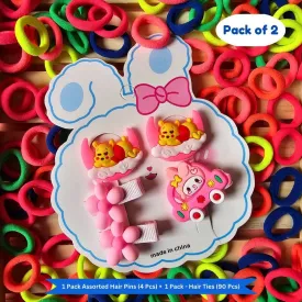 Neon Mini Hair Ties with Teddy Flower Rainbow Cartoon hair Clip set (Pack of 2, Multicolor)