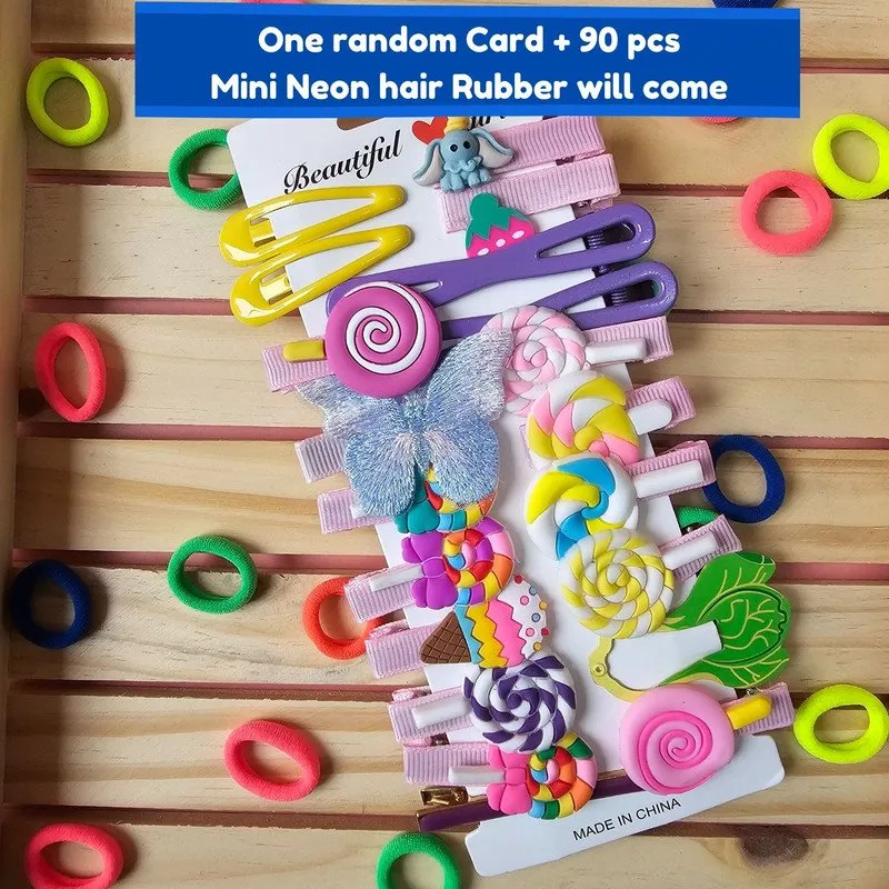 Neon Mini Hair Ties with Unicorn Rainbow Flower Cancy hair Clip Set (Pack of 2, Multicolor)