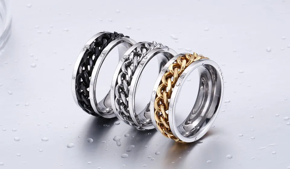 New Plated Gold/Black Man's Cool Spin Chain Ring For Man Stainless Steel Cool Man Woman Fashion Jewelry