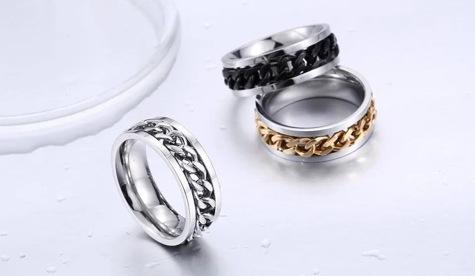 New Plated Gold/Black Man's Cool Spin Chain Ring For Man Stainless Steel Cool Man Woman Fashion Jewelry