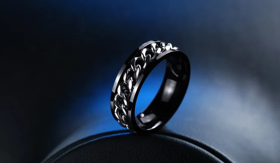 New Plated Gold/Black Man's Cool Spin Chain Ring For Man Stainless Steel Cool Man Woman Fashion Jewelry