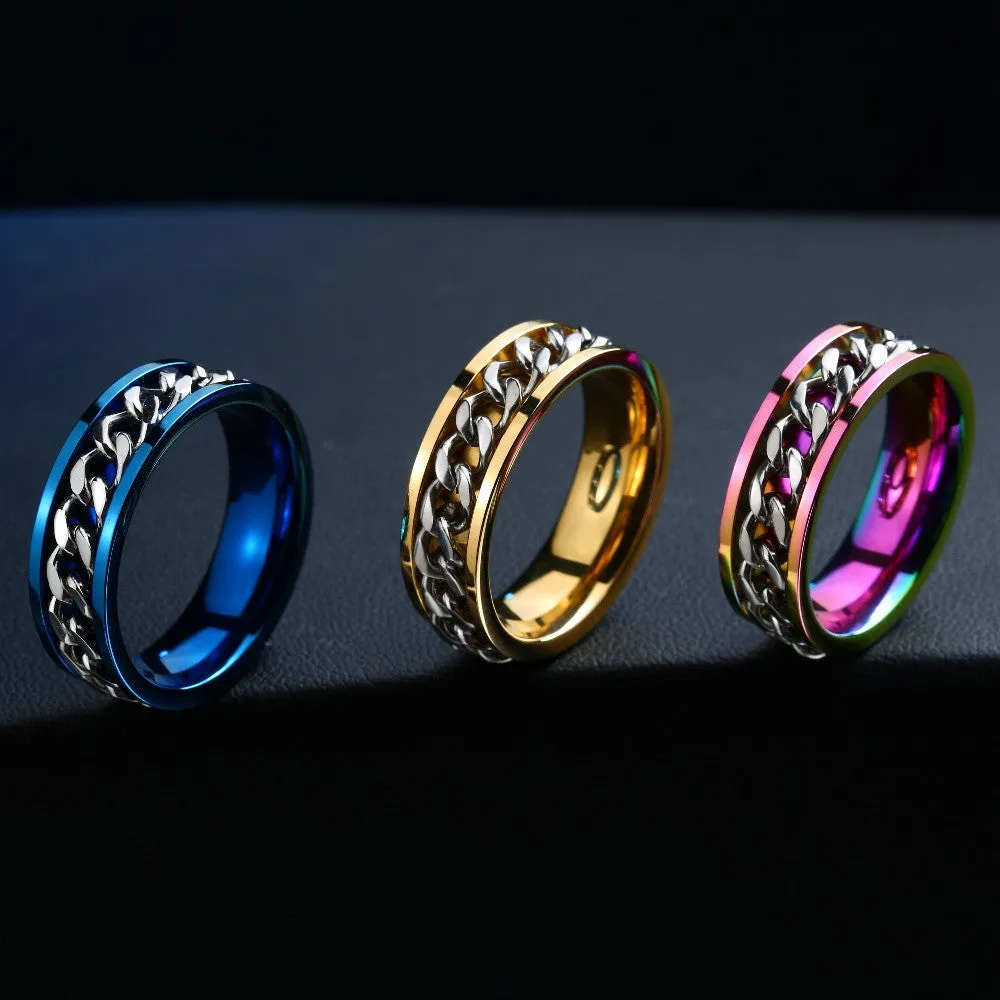 New Plated Gold/Black Man's Cool Spin Chain Ring For Man Stainless Steel Cool Man Woman Fashion Jewelry