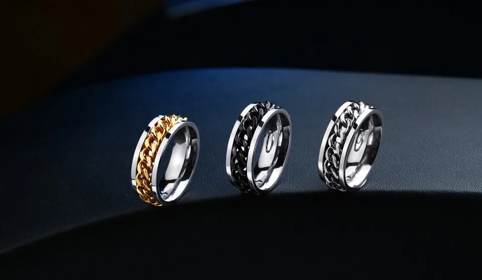 New Plated Gold/Black Man's Cool Spin Chain Ring For Man Stainless Steel Cool Man Woman Fashion Jewelry