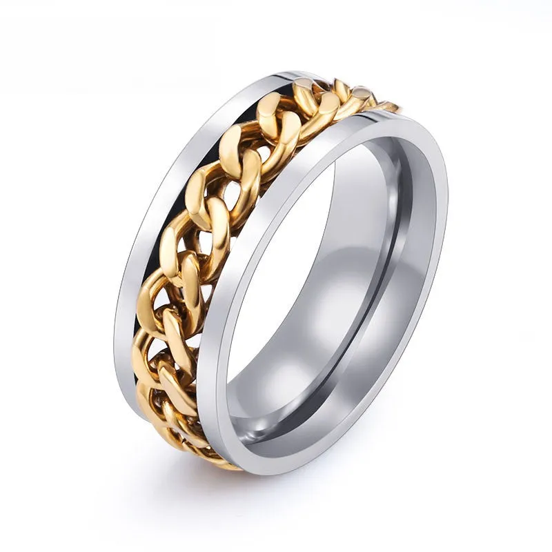 New Plated Gold/Black Man's Cool Spin Chain Ring For Man Stainless Steel Cool Man Woman Fashion Jewelry