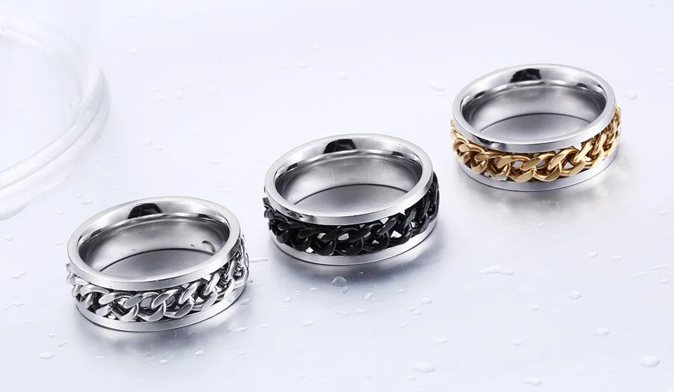 New Plated Gold/Black Man's Cool Spin Chain Ring For Man Stainless Steel Cool Man Woman Fashion Jewelry