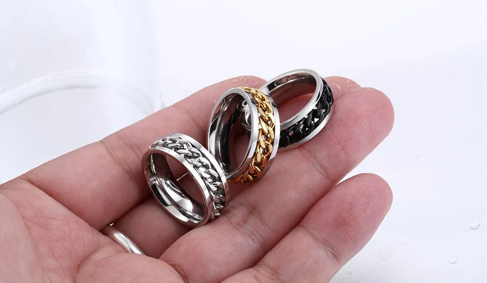 New Plated Gold/Black Man's Cool Spin Chain Ring For Man Stainless Steel Cool Man Woman Fashion Jewelry