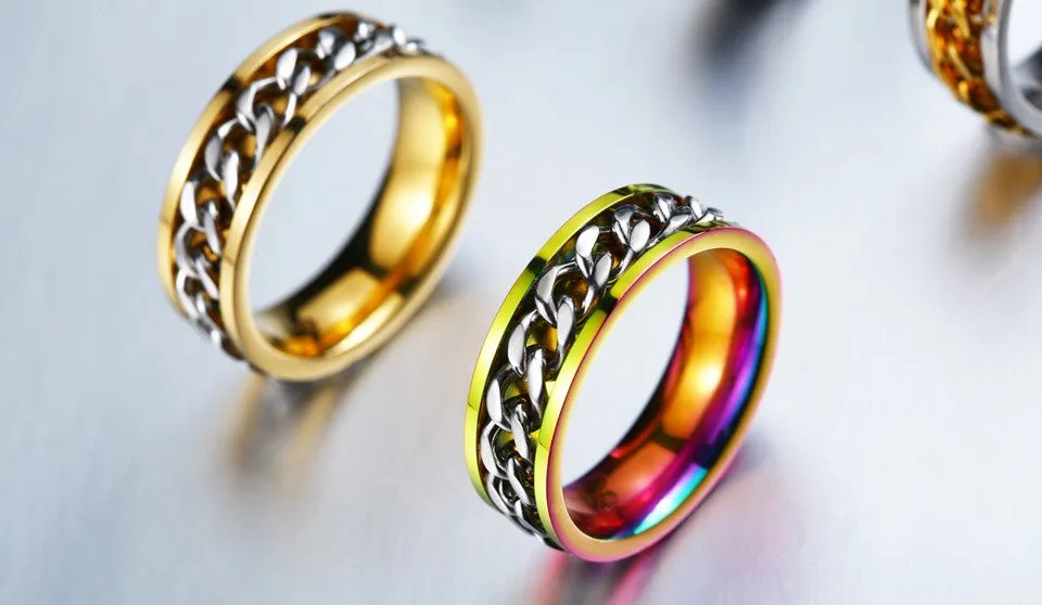 New Plated Gold/Black Man's Cool Spin Chain Ring For Man Stainless Steel Cool Man Woman Fashion Jewelry