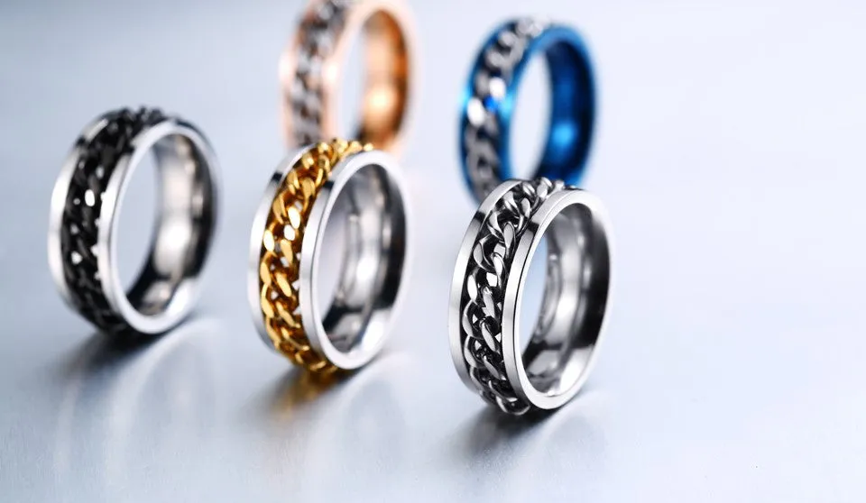 New Plated Gold/Black Man's Cool Spin Chain Ring For Man Stainless Steel Cool Man Woman Fashion Jewelry