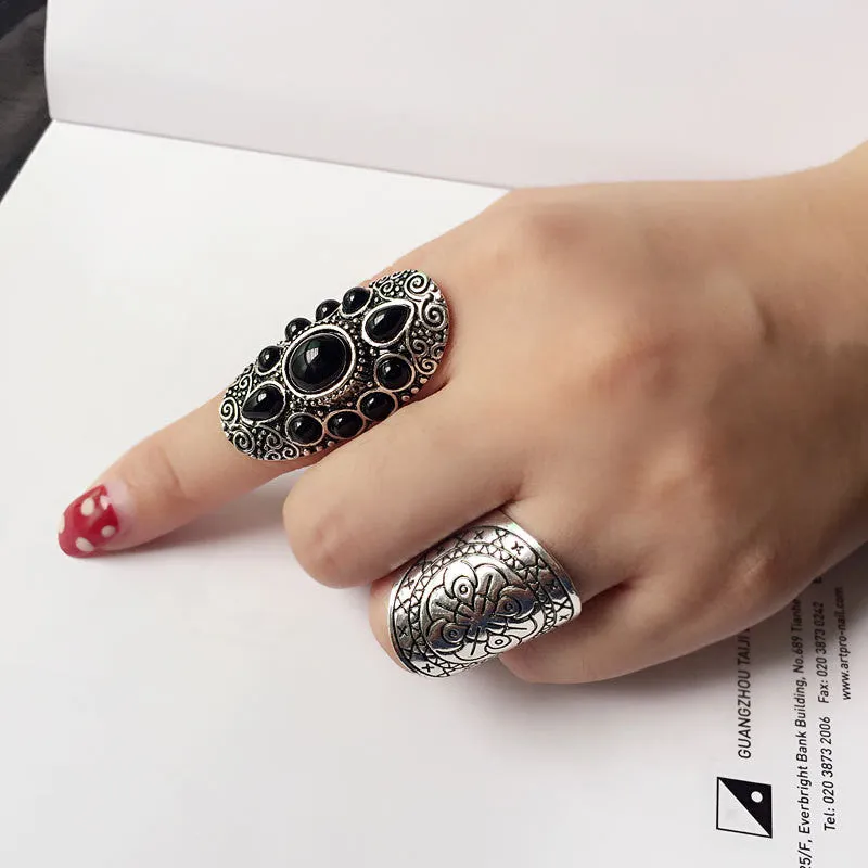 New Vintage Tibetan Silver Plated Unique Carving Metal Ring and Black Faux Stone Ring Set 2pcs/Set