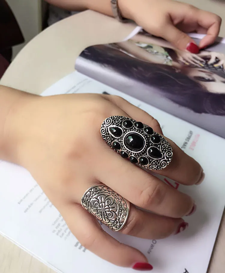 New Vintage Tibetan Silver Plated Unique Carving Metal Ring and Black Faux Stone Ring Set 2pcs/Set