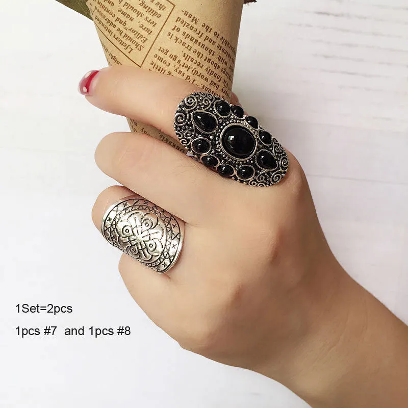 New Vintage Tibetan Silver Plated Unique Carving Metal Ring and Black Faux Stone Ring Set 2pcs/Set