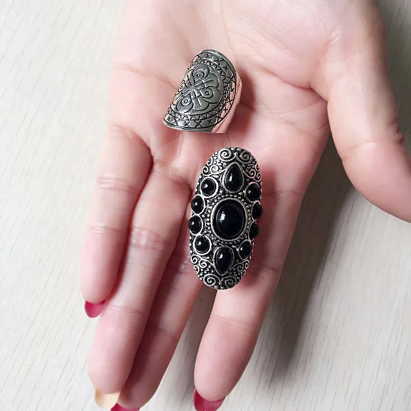 New Vintage Tibetan Silver Plated Unique Carving Metal Ring and Black Faux Stone Ring Set 2pcs/Set