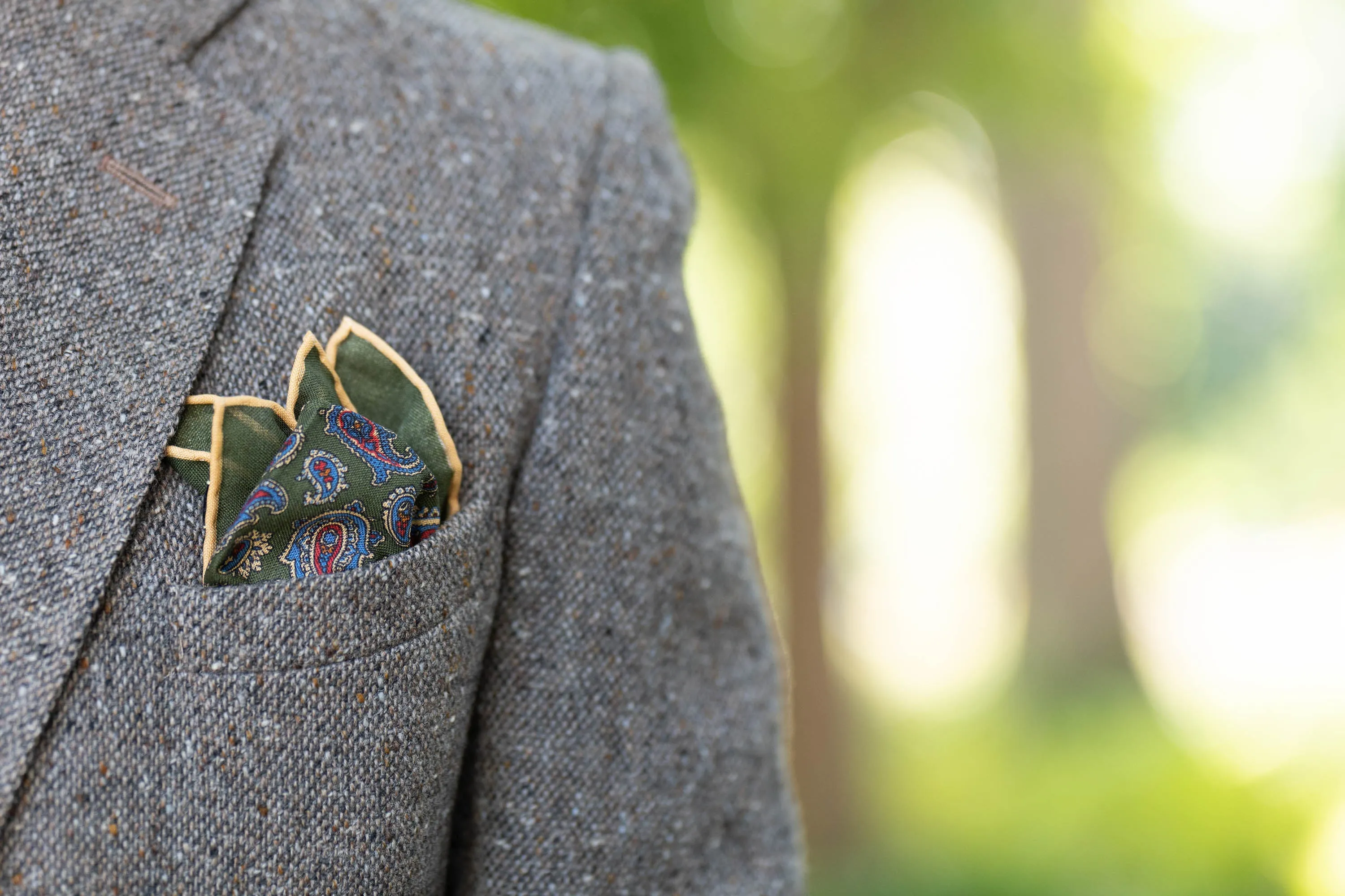 Olive Green Paisley Silk Wool Pocket Square