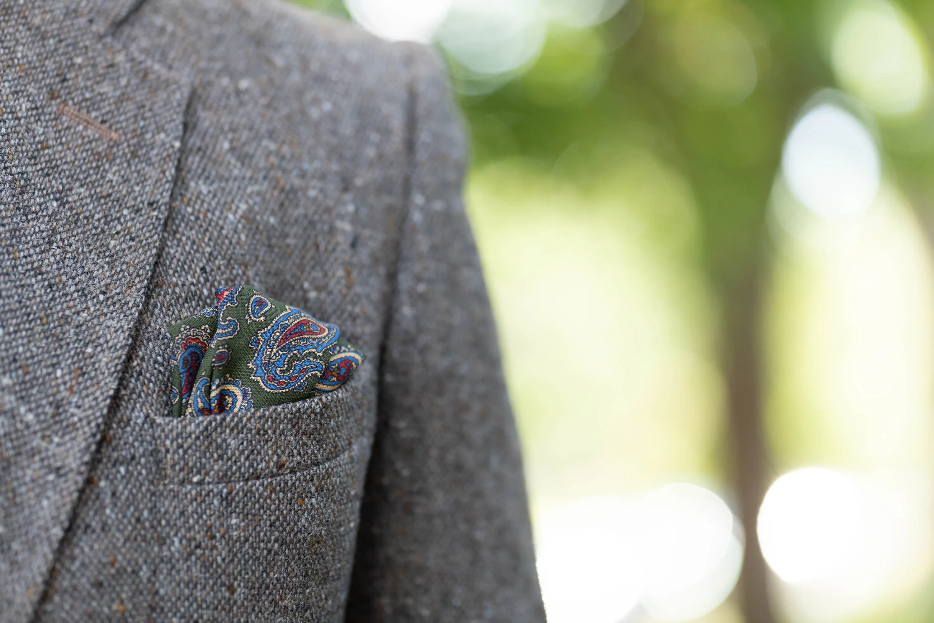 Olive Green Paisley Silk Wool Pocket Square