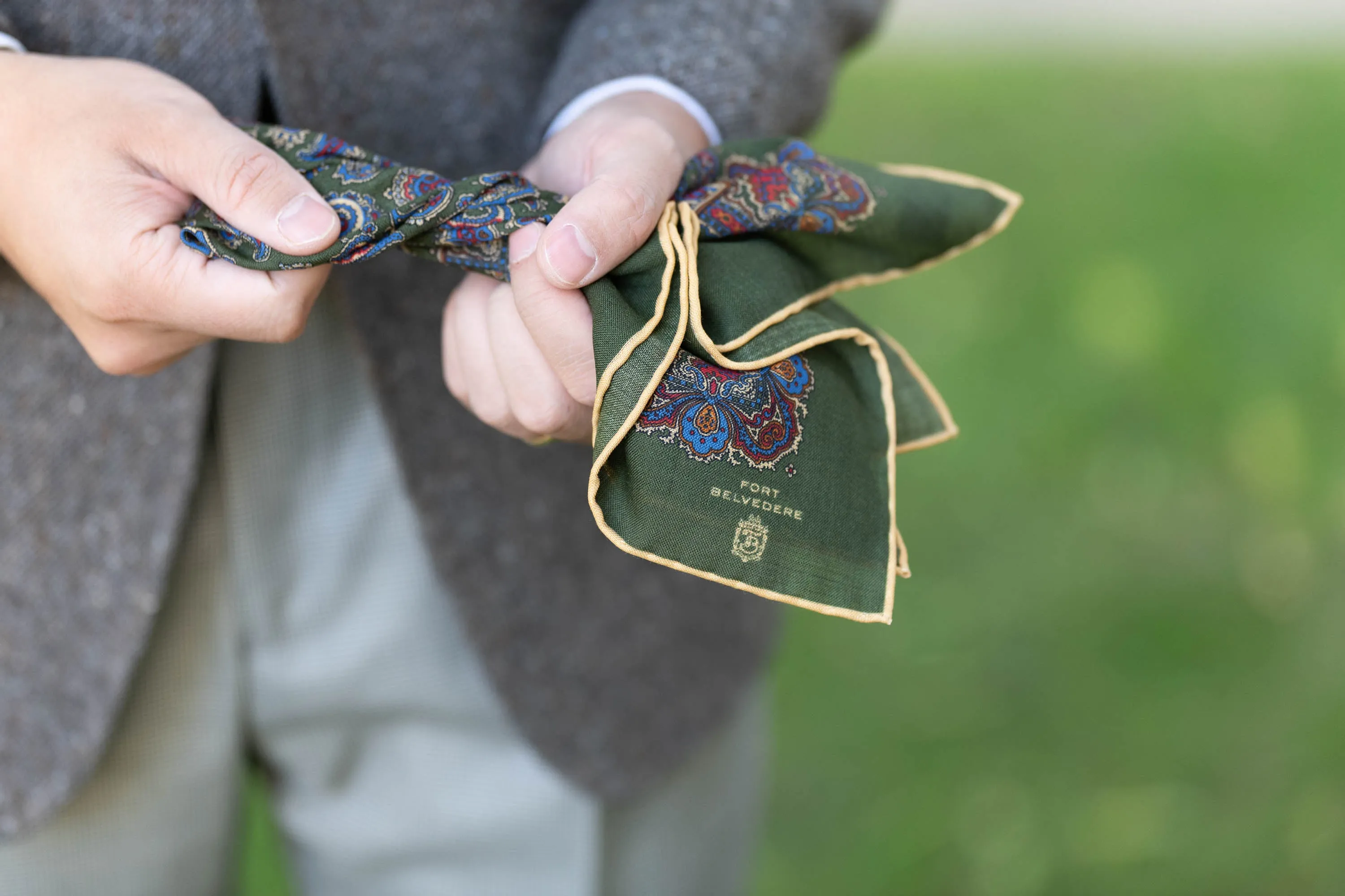 Olive Green Paisley Silk Wool Pocket Square