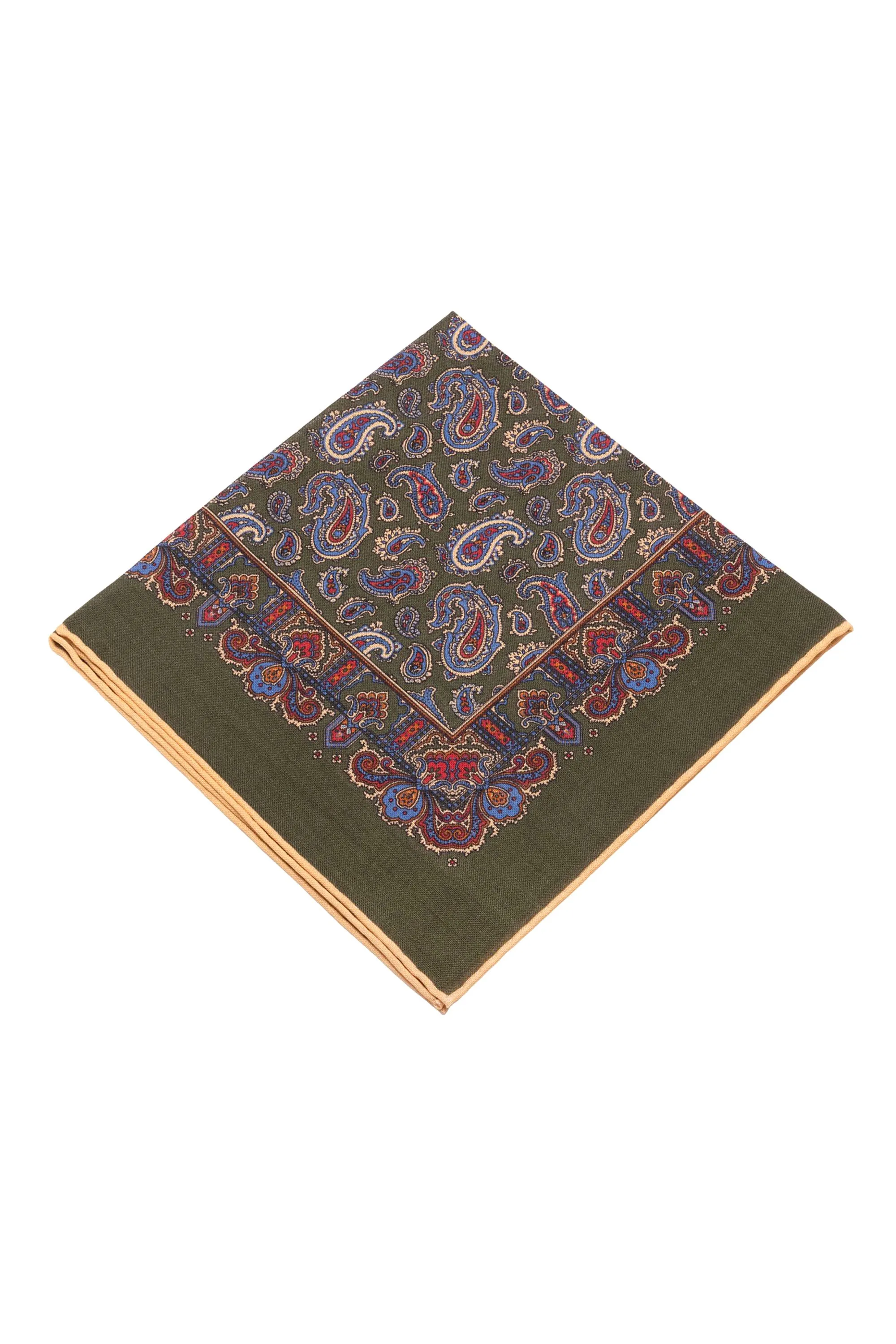 Olive Green Paisley Silk Wool Pocket Square