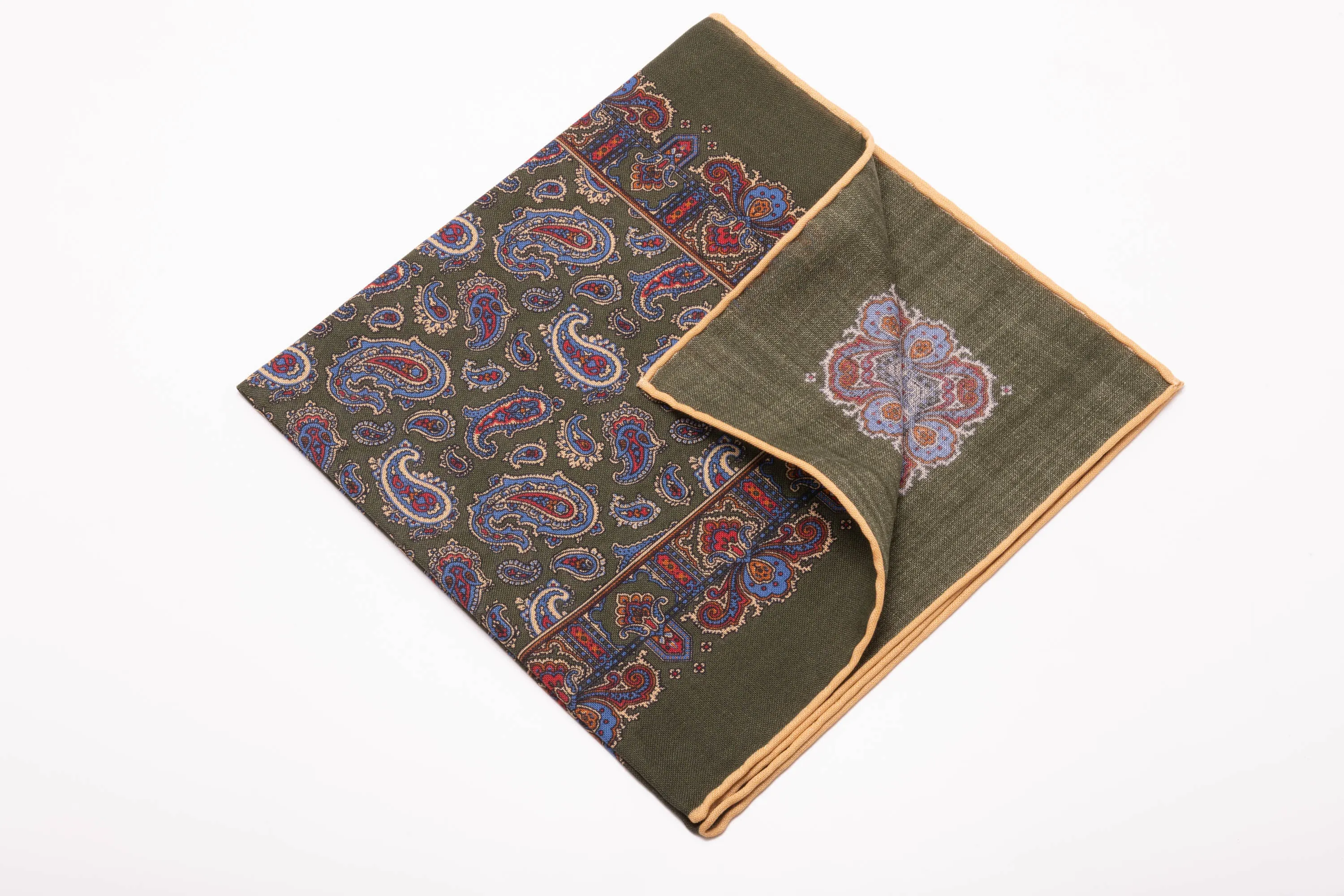 Olive Green Paisley Silk Wool Pocket Square