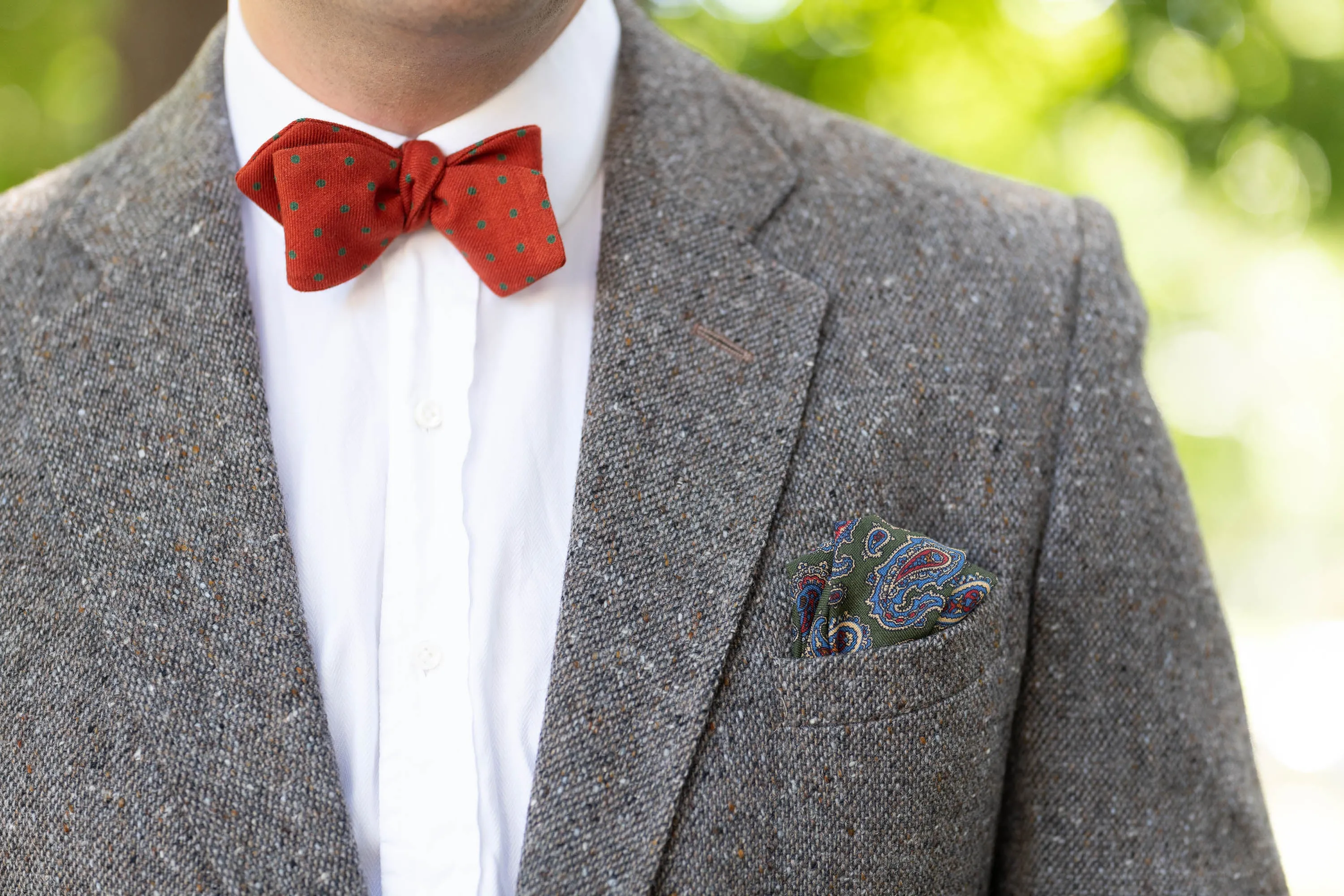 Olive Green Paisley Silk Wool Pocket Square