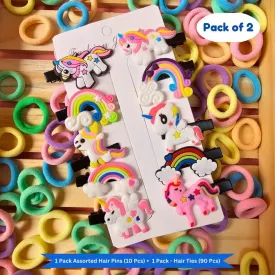 Pastel Mini Hair Ties with Unicorn Rainbow Flower hair Clip Set (Pack of 2, Multicolor)