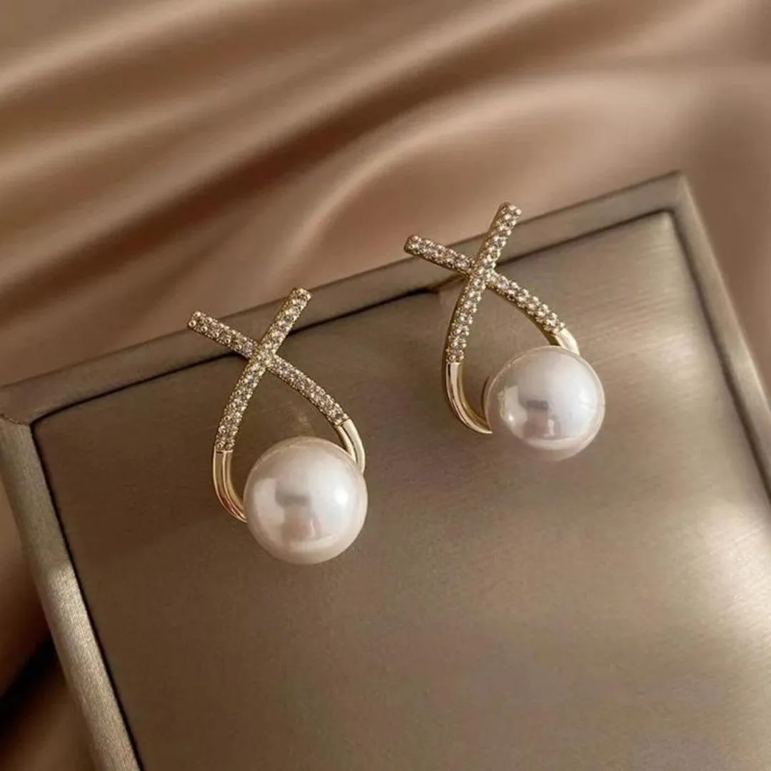 Pearl and Diamond Crossover Earrings