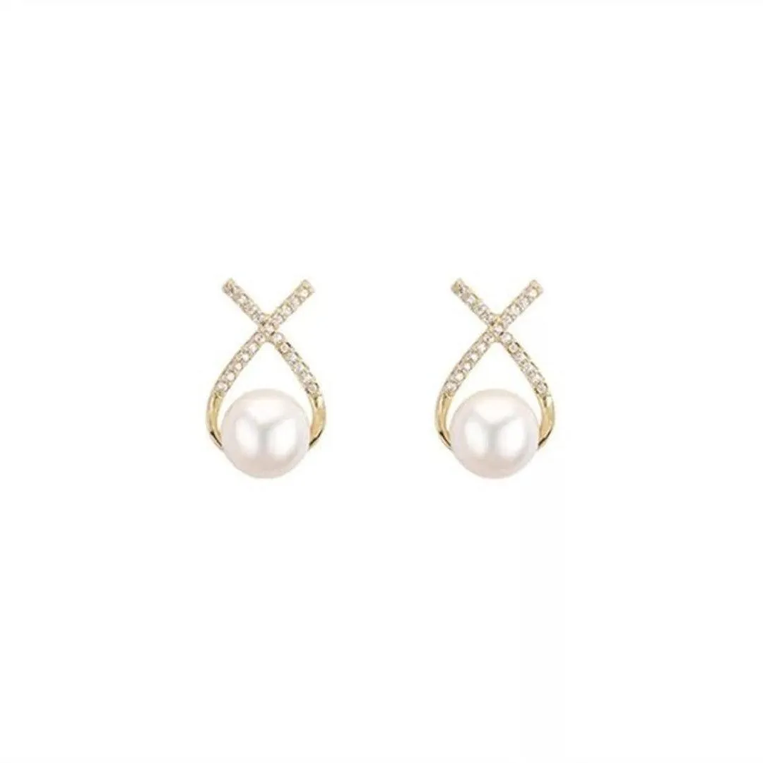 Pearl and Diamond Crossover Earrings