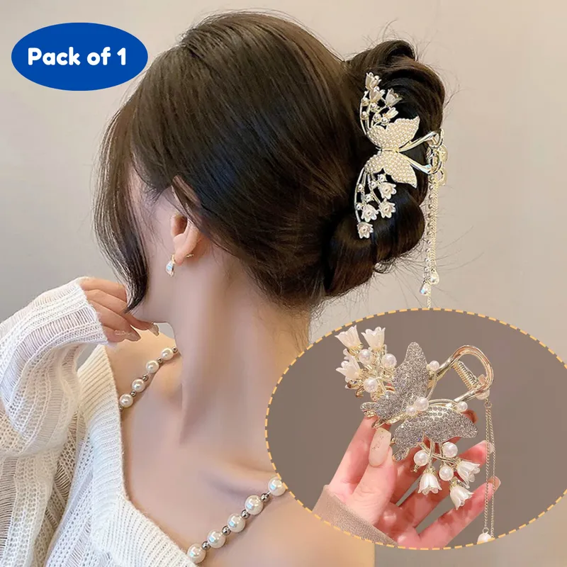 Pearl Hair Claw Clips for Women Tassel Butterfly Large Hair Clip Clutchers for Hair Golden Alloy Hair Styling Jaw Clips Bun Hair Accessories Gift