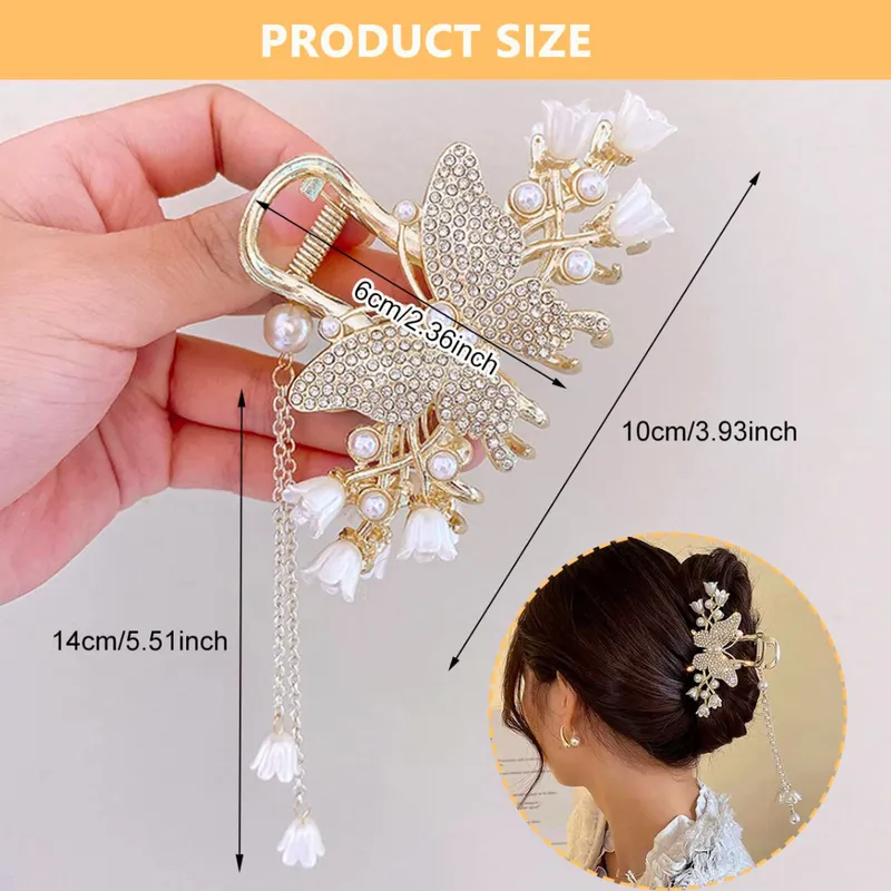 Pearl Hair Claw Clips for Women Tassel Butterfly Large Hair Clip Clutchers for Hair Golden Alloy Hair Styling Jaw Clips Bun Hair Accessories Gift