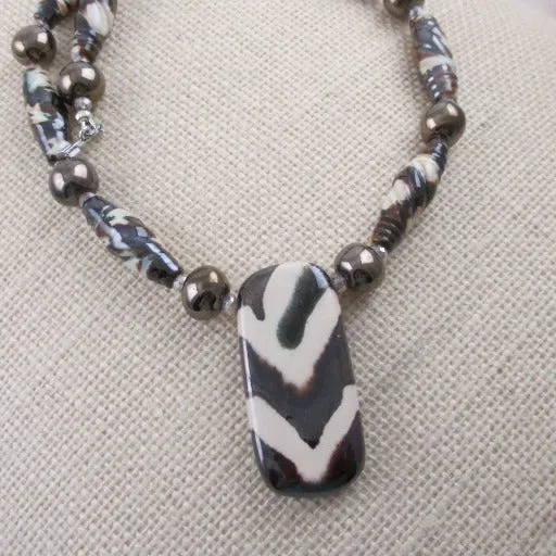 Pendant  Necklace in Handmade Brown & Cream Fair Trade Beads