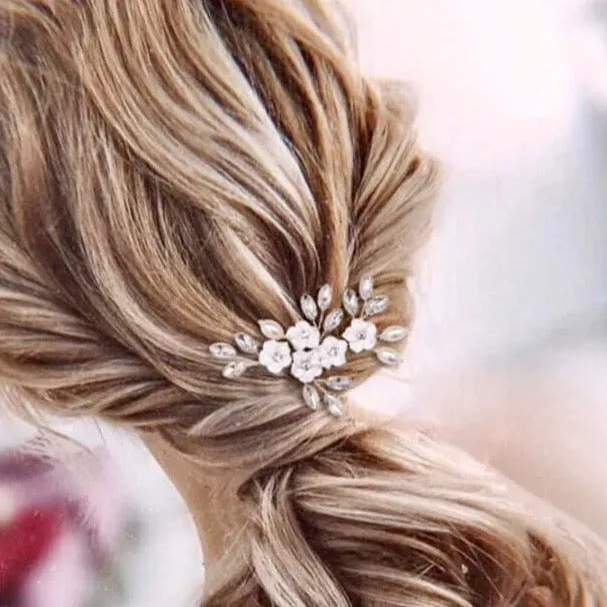 "Abranna" - Ceramic Flowers and Pearls Bridal Hair Pin