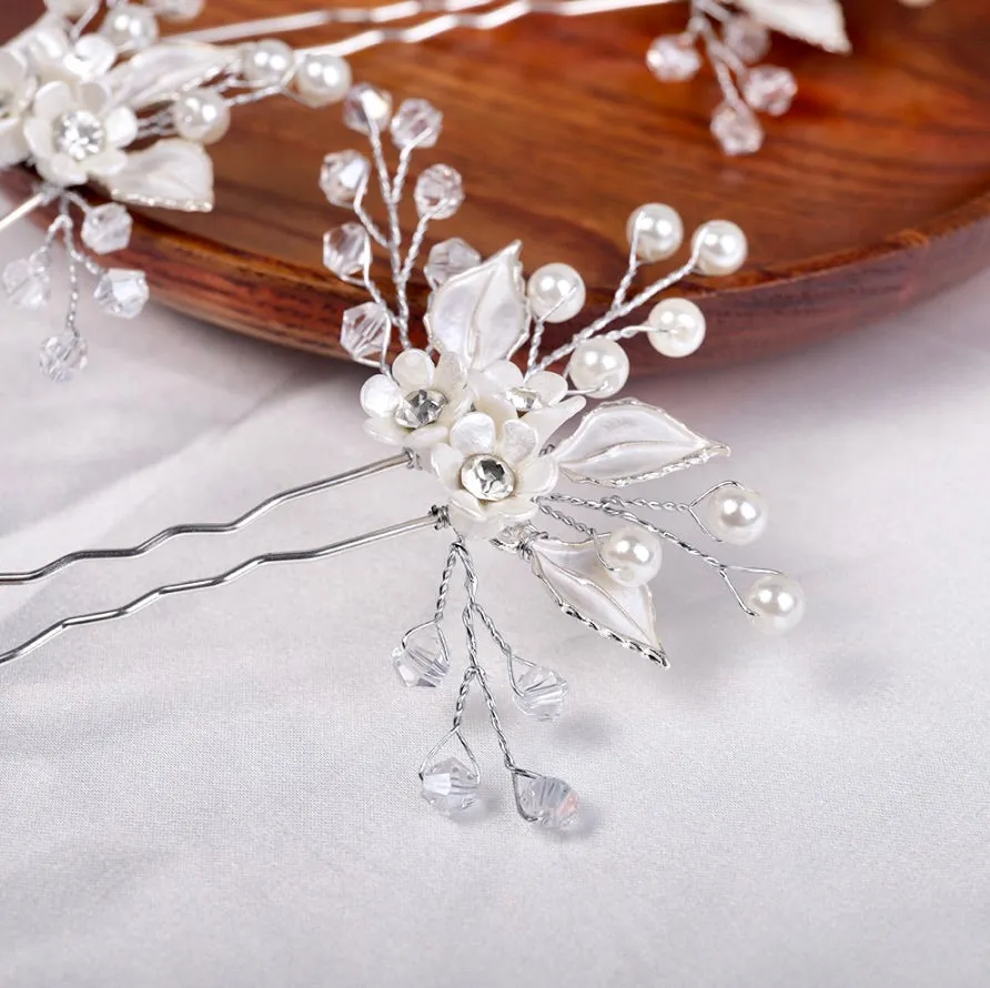 "Betty" - Ceramic Flowers and Pearls Bridal Hair Pin