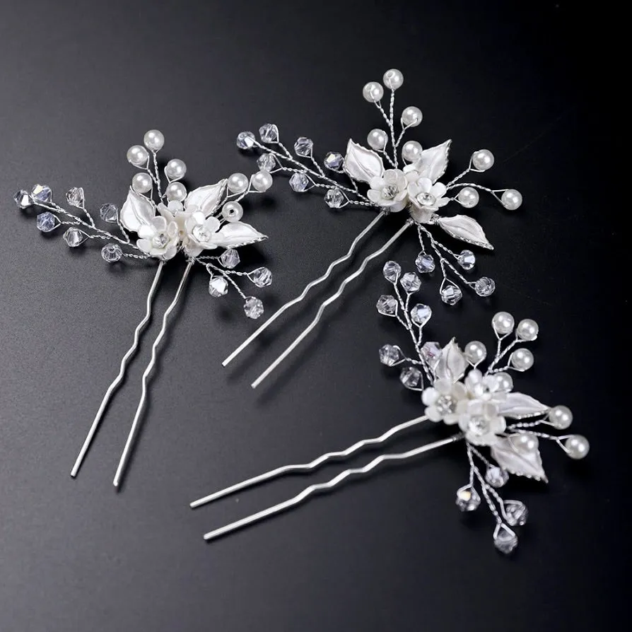 "Betty" - Ceramic Flowers and Pearls Bridal Hair Pin