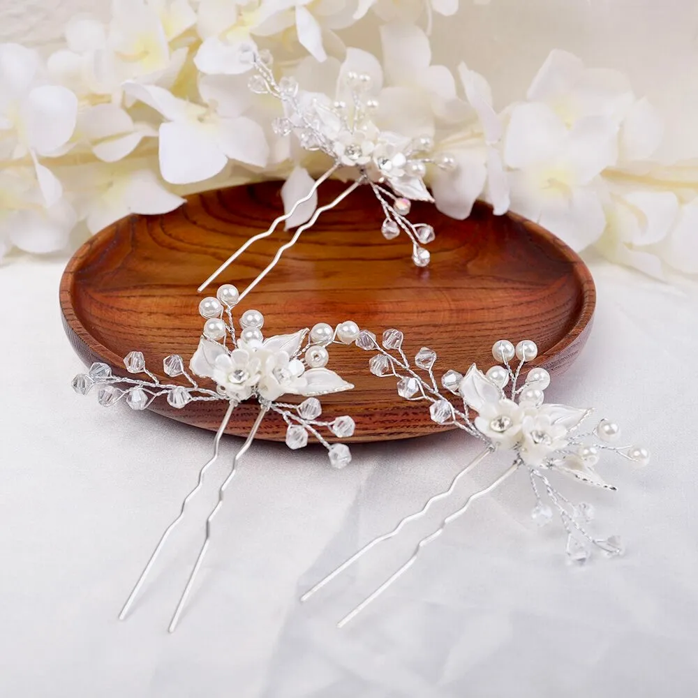 "Betty" - Ceramic Flowers and Pearls Bridal Hair Pin