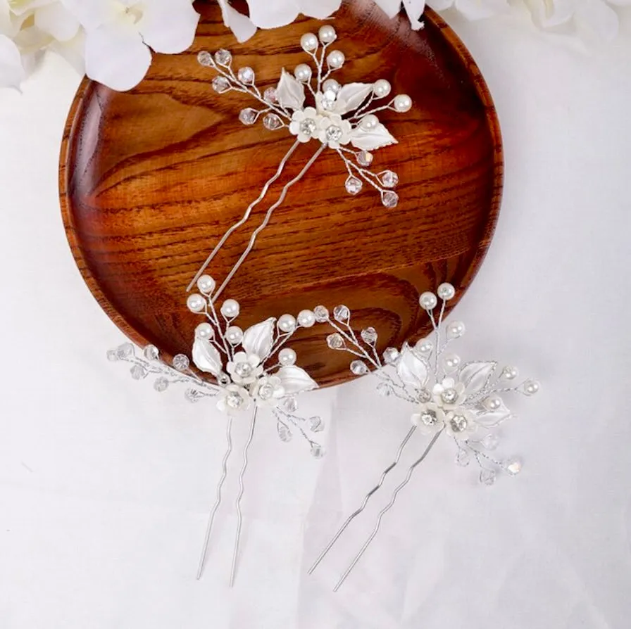 "Betty" - Ceramic Flowers and Pearls Bridal Hair Pin