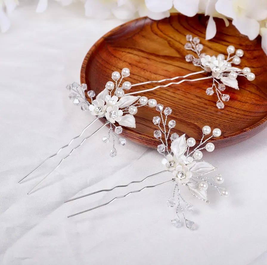 "Betty" - Ceramic Flowers and Pearls Bridal Hair Pin