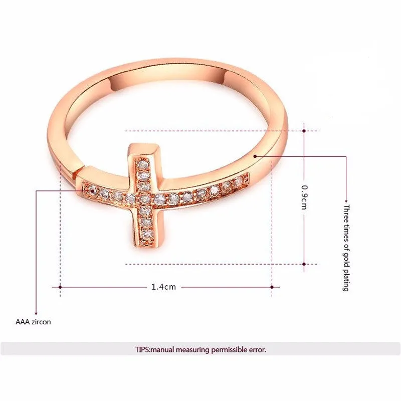 Rose Gold Plated Fashion Opening Cross Ring with Zircon Crystal Female Jewelry