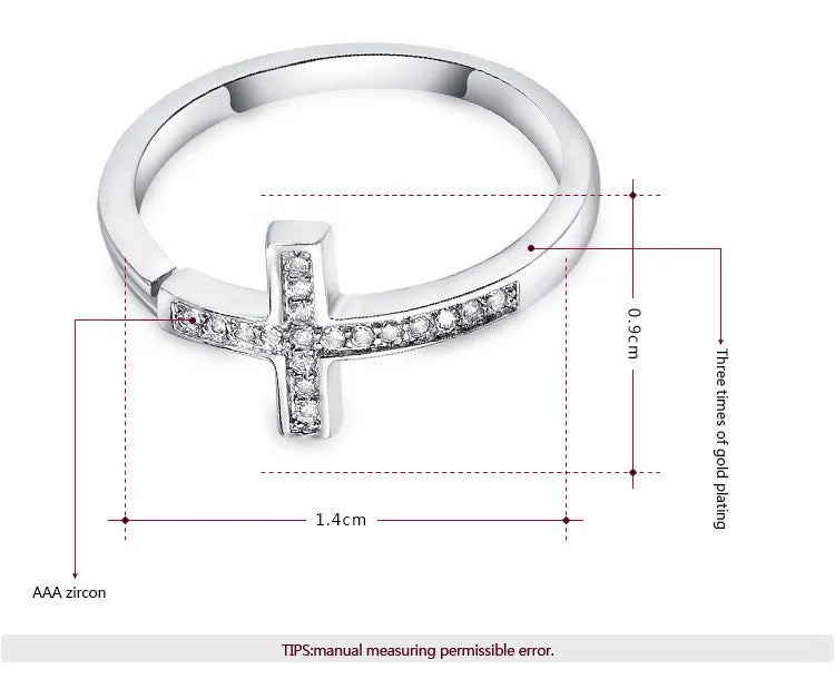 Rose Gold Plated Fashion Opening Cross Ring with Zircon Crystal Female Jewelry