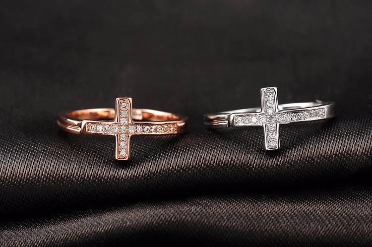 Rose Gold Plated Fashion Opening Cross Ring with Zircon Crystal Female Jewelry