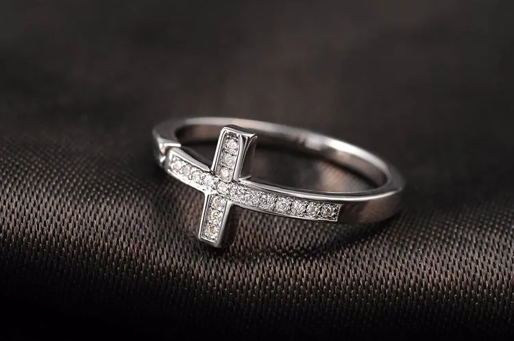 Rose Gold Plated Fashion Opening Cross Ring with Zircon Crystal Female Jewelry