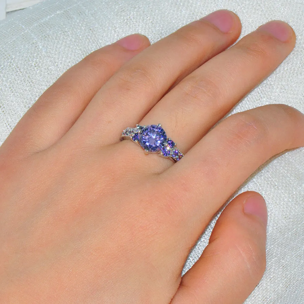 Round Amethyst White Gold Filled Ring Lady's 10KT Finger Rings For Women Fashion Sapphire Jewelry