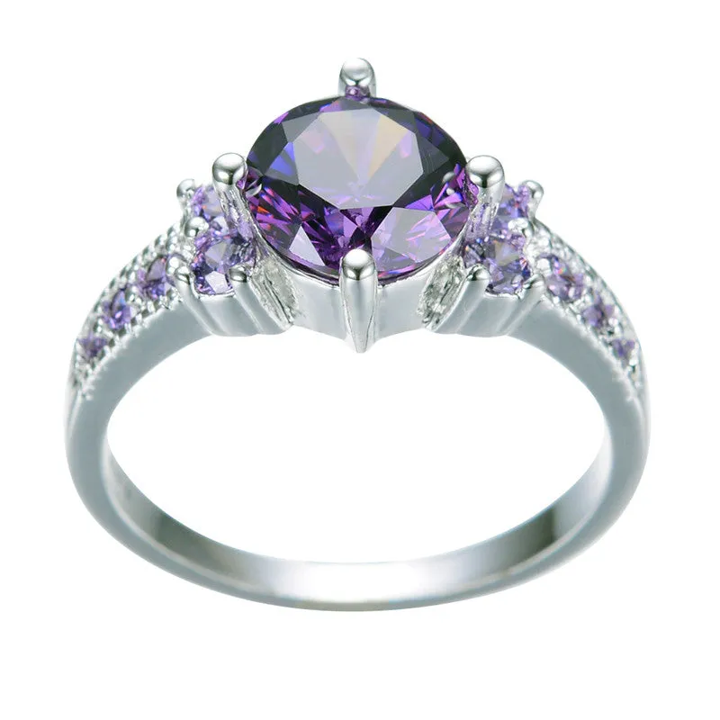 Round Amethyst White Gold Filled Ring Lady's 10KT Finger Rings For Women Fashion Sapphire Jewelry