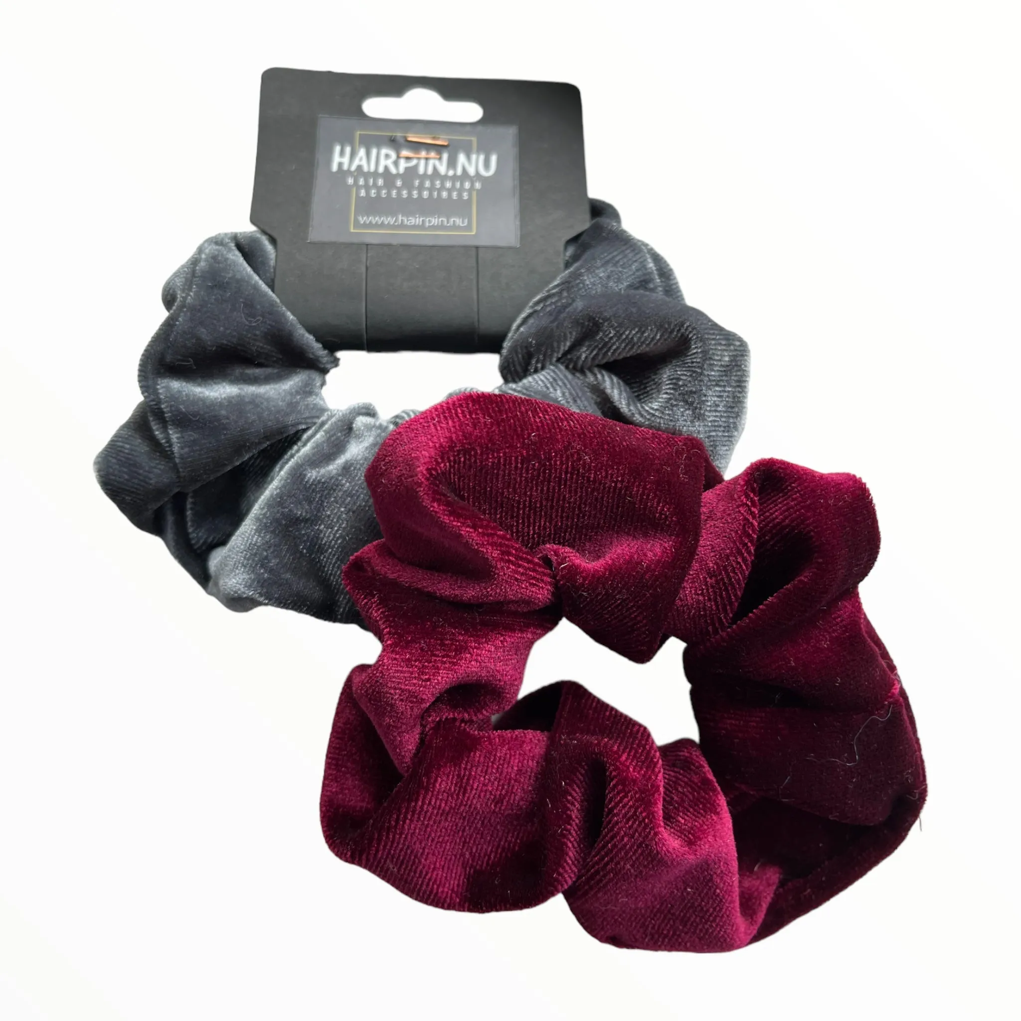 Set 2 scrunchies haarelastieken velvet grijs-rood