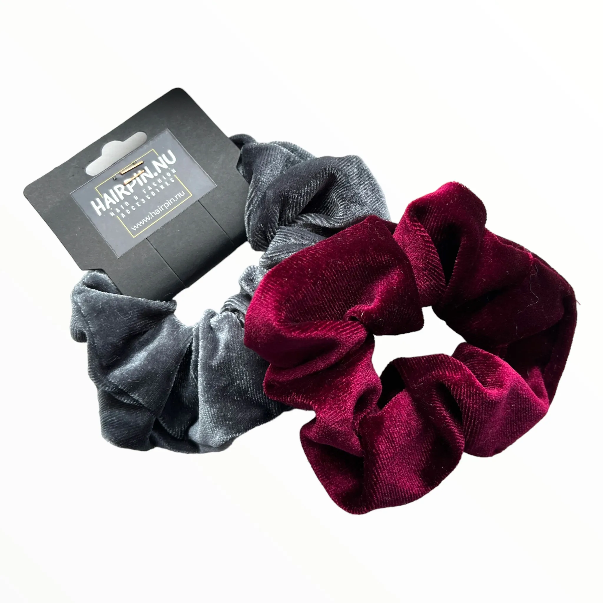 Set 2 scrunchies haarelastieken velvet grijs-rood