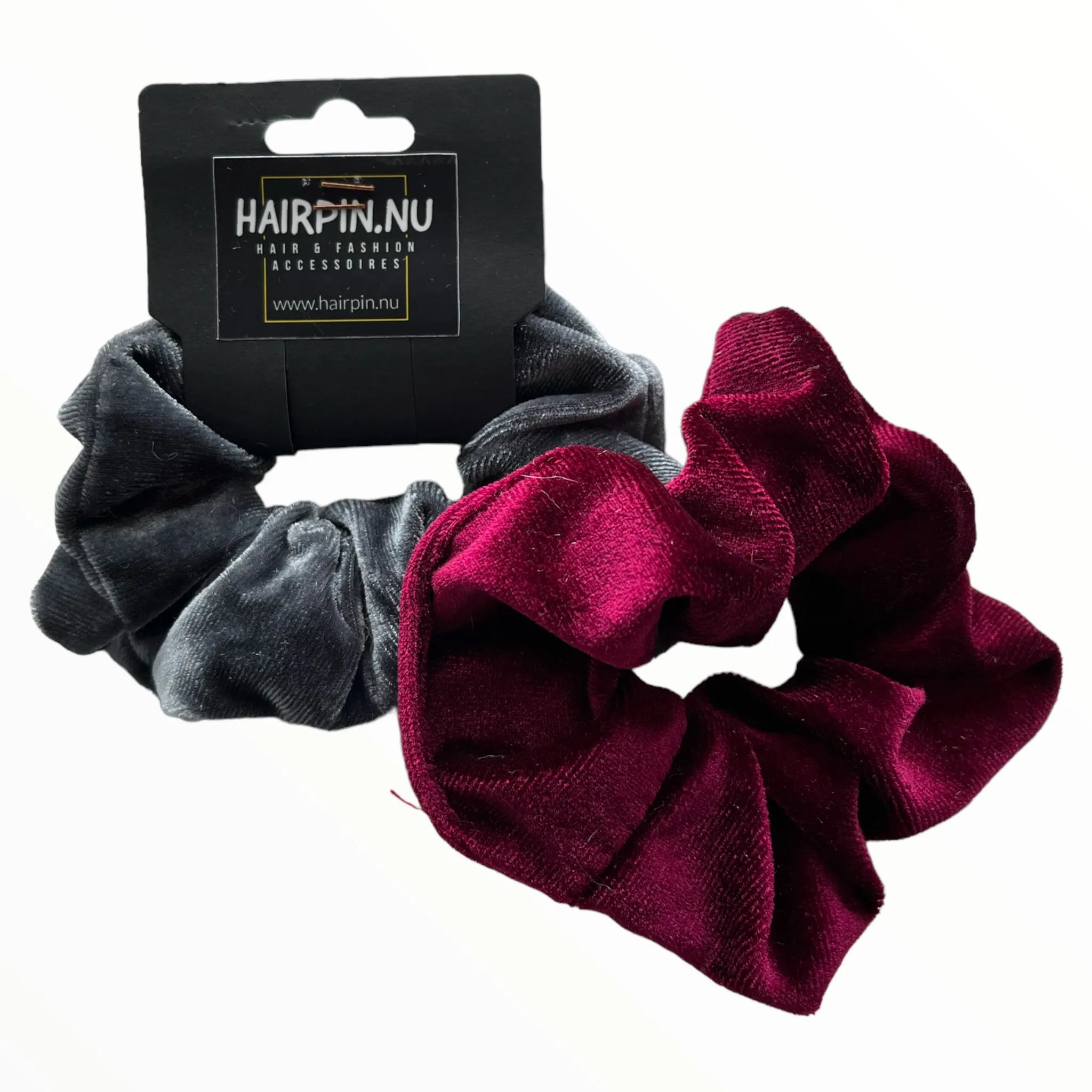 Set 2 scrunchies haarelastieken velvet grijs-rood