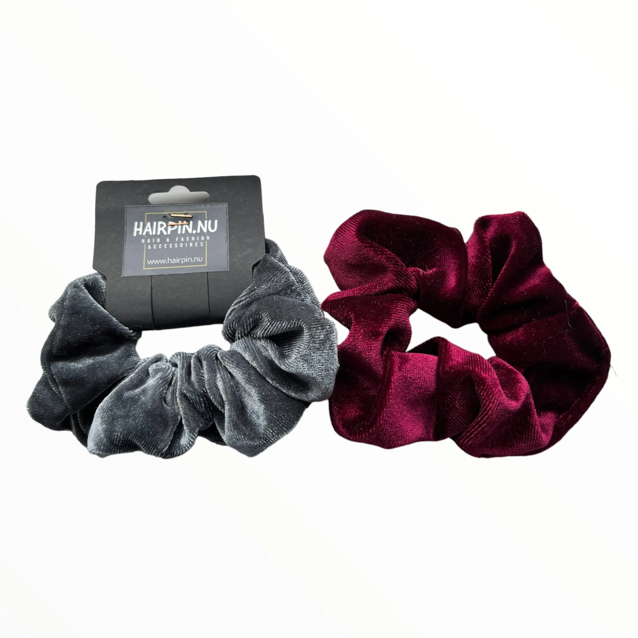 Set 2 scrunchies haarelastieken velvet grijs-rood