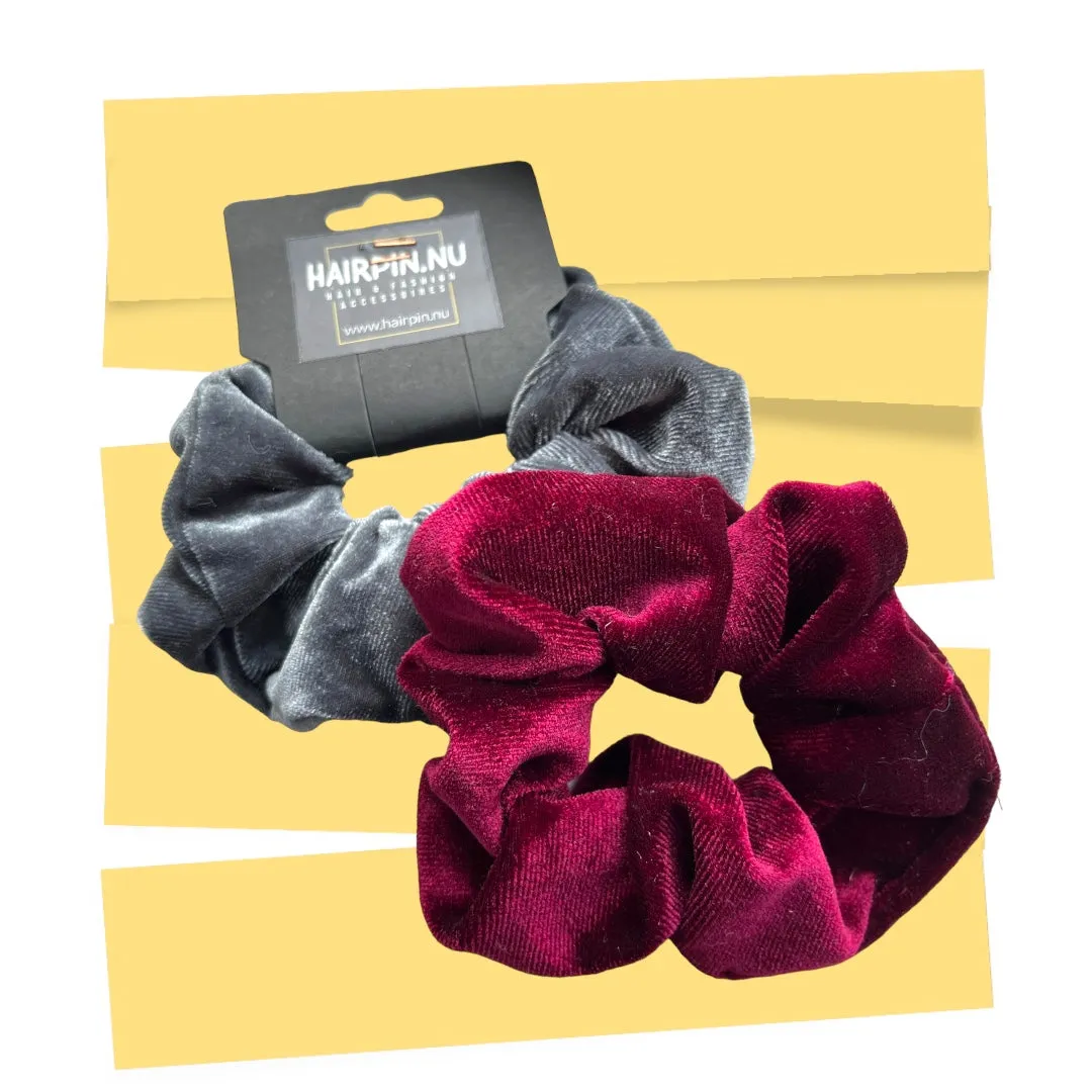 Set 2 scrunchies haarelastieken velvet grijs-rood