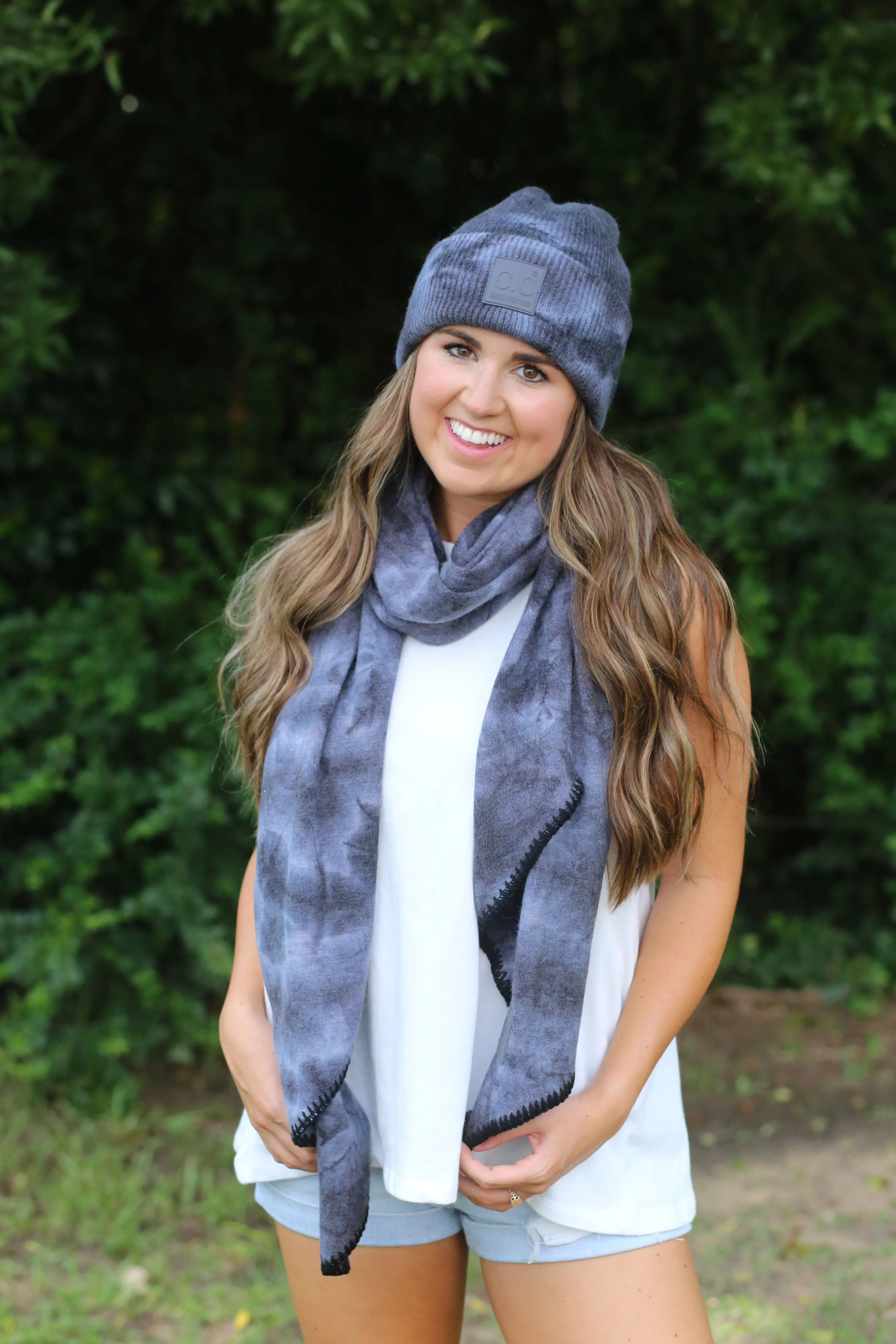 SF-7380 Tie Dye Scarf with C.C Rubber Patch - Dark Grey/Light Grey