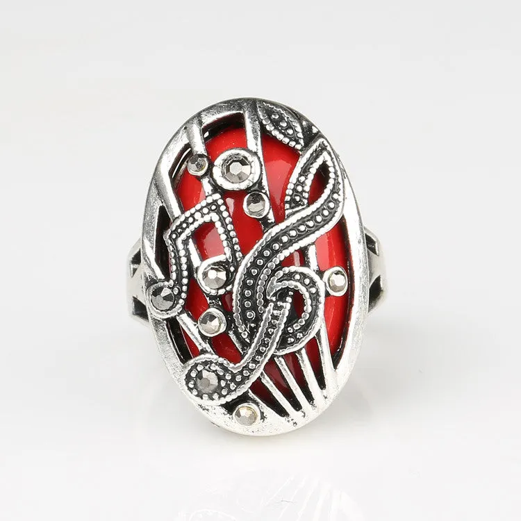 Silver Jewelry Punk Tibetan Silver alloy Wrapped High -Quality Music Notation Resin Fashion Rings Hollow Vestidos De Festa