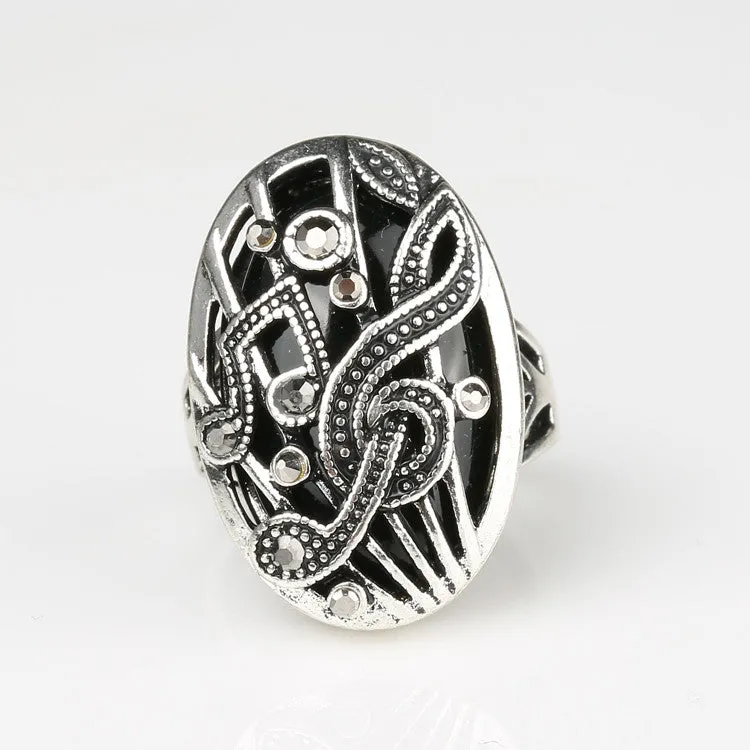 Silver Jewelry Punk Tibetan Silver alloy Wrapped High -Quality Music Notation Resin Fashion Rings Hollow Vestidos De Festa