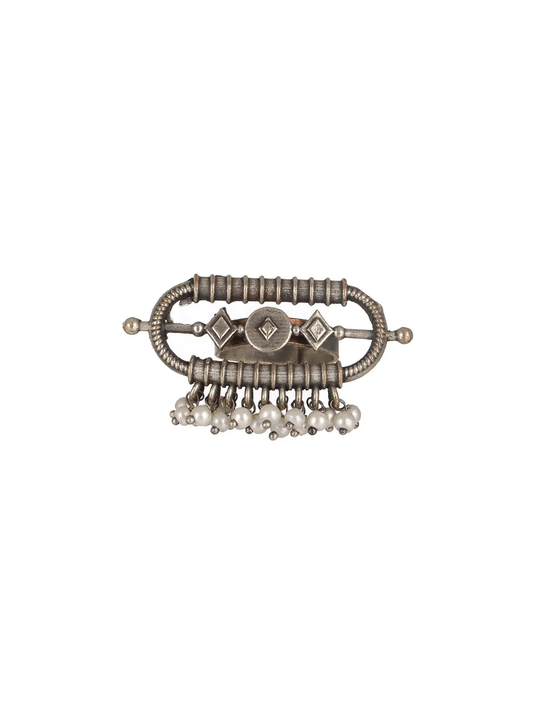 Silver-Plated & Pearl Beaded Oxidised Finger Ring