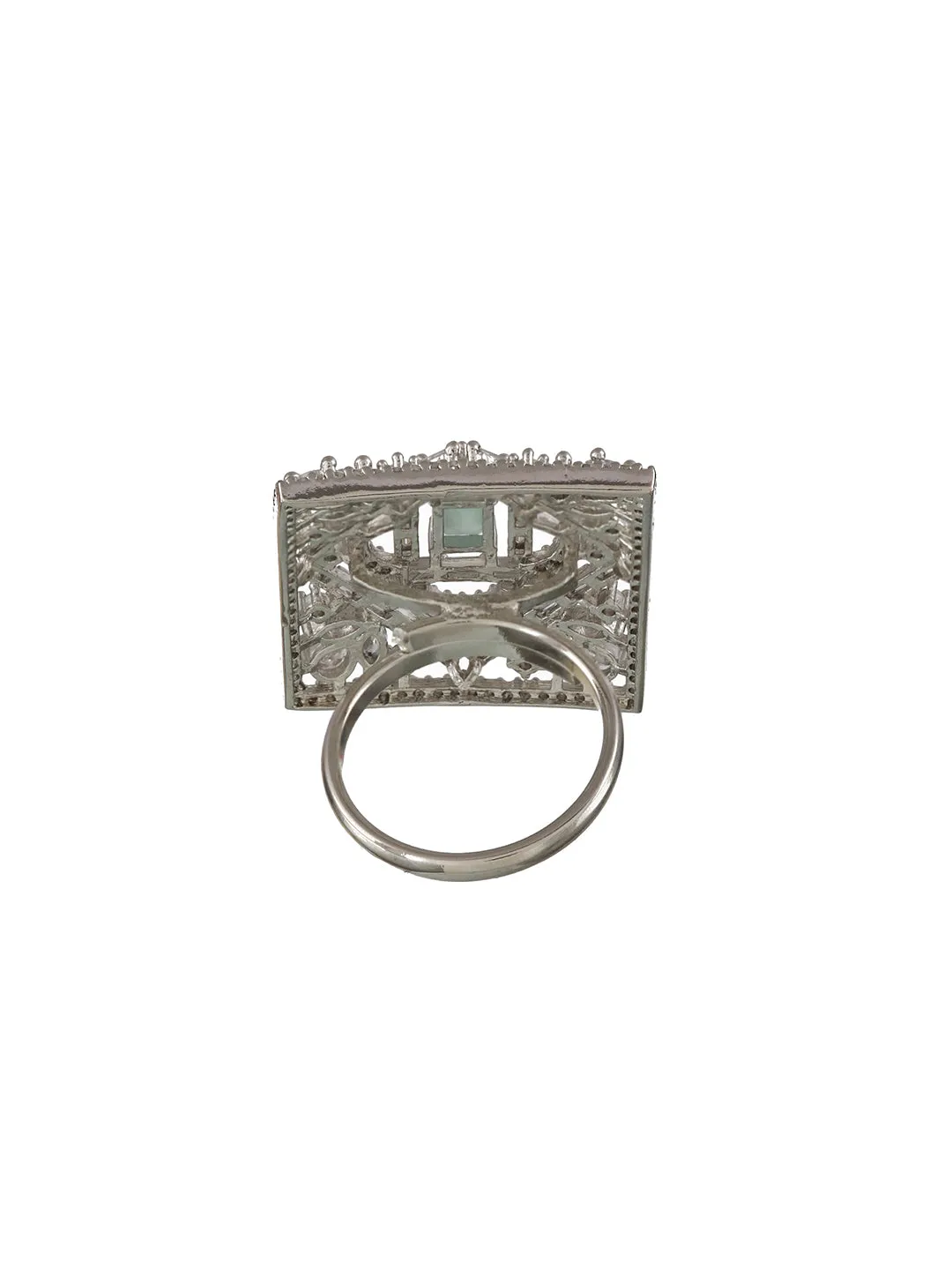 Silver-Plated Mint Green Ad-Studded Handcrafted Adjustable Finger Ring